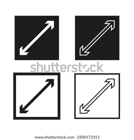 Four diagonal arrows. Black and white. Square vector icons. Directional symbols.