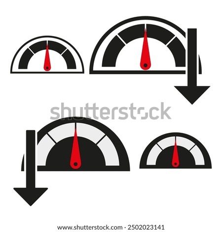 Speedometer icon set. Red arrow indicator. Black and white gauges. Simple vector design.