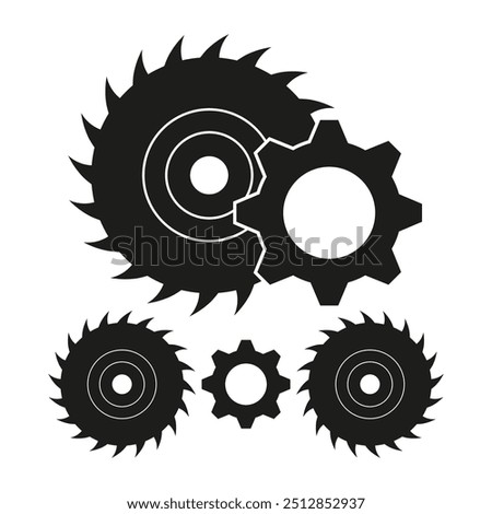 Gear and saw icon. Industrial cogwheel symbol. Black mechanical elements. Engineering tools illustration.