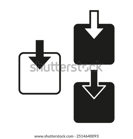 Download arrow icon. Black and white arrows. Square and round shapes. Minimalist vector symbols.