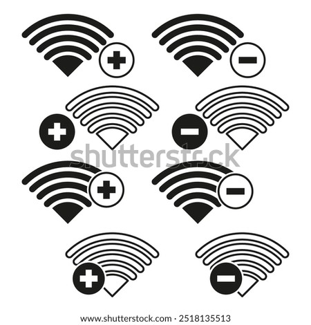 Wi Fi signal icons. Plus and minus symbols. Wireless network concept. Black and white vector.