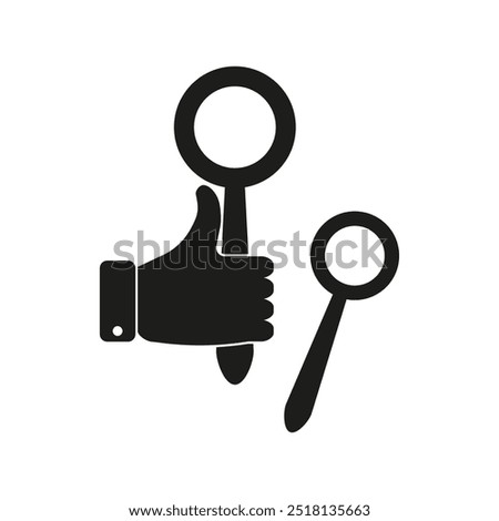 Thumbs up icon. Magnifying glass symbols. Search approval concept. Bold black design.