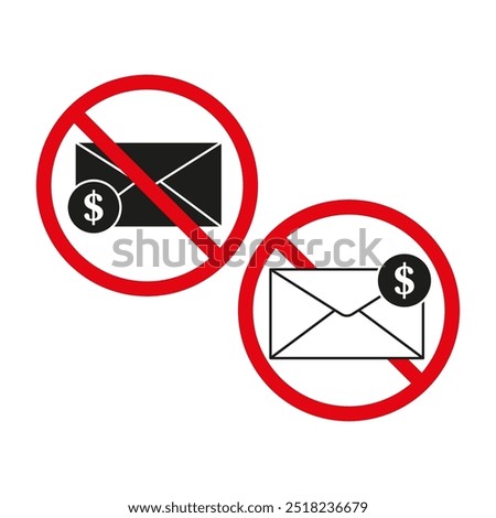 Envelope prohibition icon. Dollar symbol envelope. No money mail sign. Red forbidden circle.