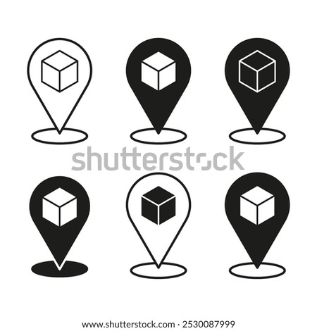 Six location pin icons with cubes, ideal for logistics, package tracking, or delivery services.