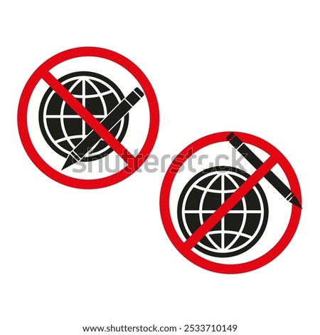 Prohibited access icons. No entry globe and pen. Red circle warning symbols. Vector restriction signs.