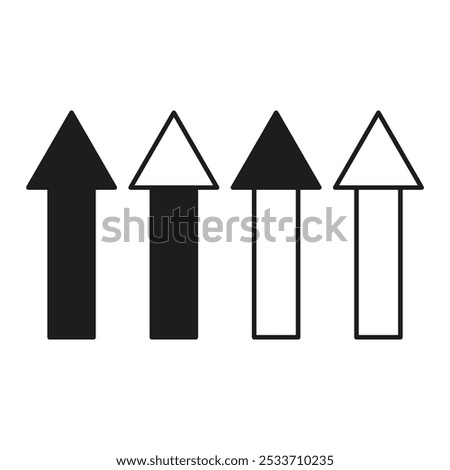 Set of black arrows with various outlines for directional and navigational design.