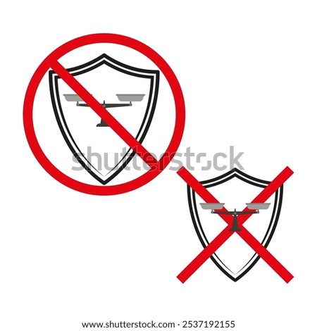 Shield icon. Balance scales inside. Red cross mark. Vector prohibition symbol.