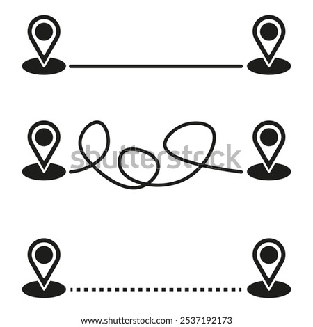 Path marker icons. Line navigation symbols. Vector directional lines. Black and white design.