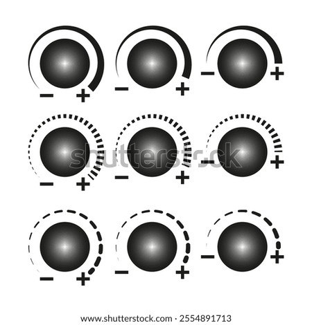 Circular dial symbols. Volume control icons. Minimalist vector elements. Adjustment graphic design.