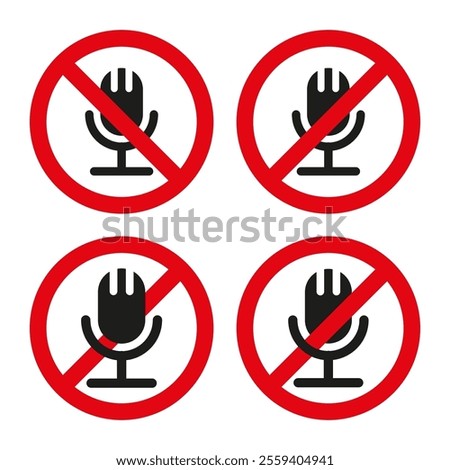 Microphone ban icon. No audio recording. Prohibited mic vector. Red crossed out sign.