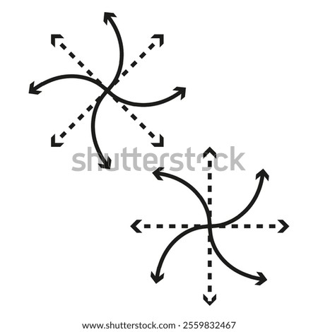 Rotating arrow graphic. Circular motion symbol. Dashed and solid lines. Dynamic vector illustration.