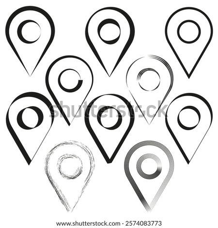 Location pin icon. Abstract navigation design. Black and white style. Dynamic linear shapes.