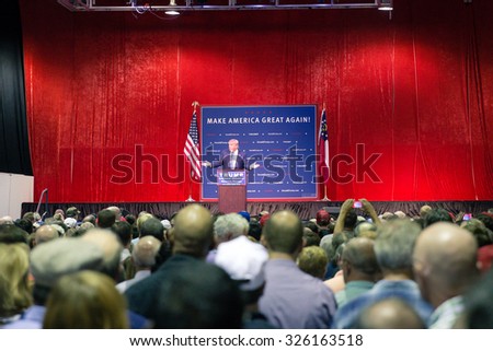 NORCROSS, GA, USA - OCTOBER 10TH, 2015: Presidential Candidate for 2016 Elections from Republican Party Donald Trump delivers a speech at a political rally near Atlanta, GA in Norcross.