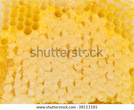 Pouring honey against honeycomb, rich natural honey color