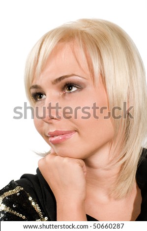 Beautiful woman the blonde in a black blouse it is isolated on a white background.