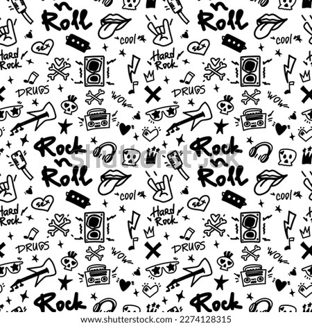 Rock n Roll seamless pattern. Black-white print for textiles, backgrounds, printing. Grunge style, hand lettered, vector illustration.