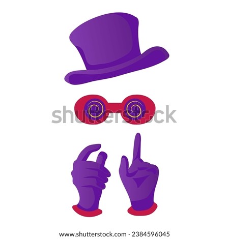 Magician s hat, glasses and gloves. Vector.