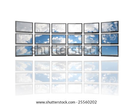 Illustration of 18 flat screen TV\'s showing image of a sky with clouds. Isolated on white with reflection.