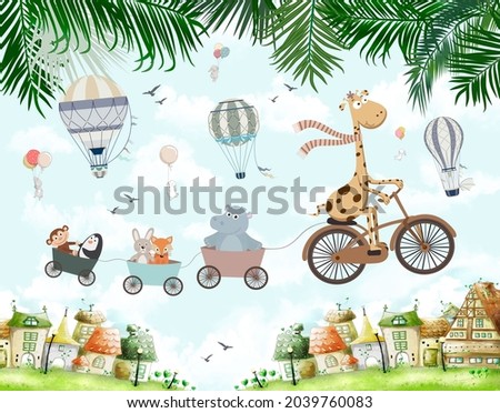 children drawing animals on a bicycle in the clouds Wallpaper Background 