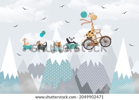 children's picture animals on a bicycle fly through the sky against the background of mountains Wallpaper