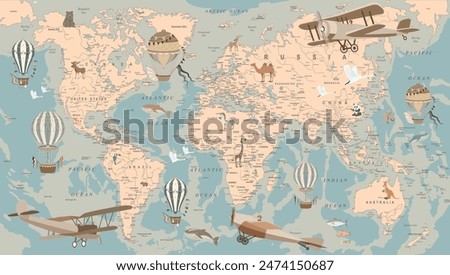 children's retro map of the world with animals and balloons. Vector illustration. For digital printing wallpaper, custom design wallpaper