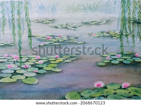 hand drawn watercolor painting of water lilies. garden landscape painting with pond, blooming water lilies, willow leaves in misty environment for illustration, print, background, etc