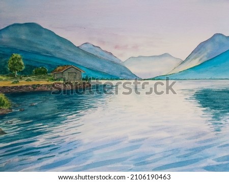hand drawn watercolor painting of mountain in the morning scenery. landscape painting with mountains, lake, sunlight, sunrise, plants, a cabin, and water reflection for illustration, background, etc