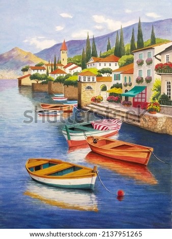hand drawn gouache painting of lake como scenery. landscape painting with water, boats, reflection,building, hills, trees, pier, dock,plants,beautiful village,house and bright blue sky for print, etc ストックフォト © 