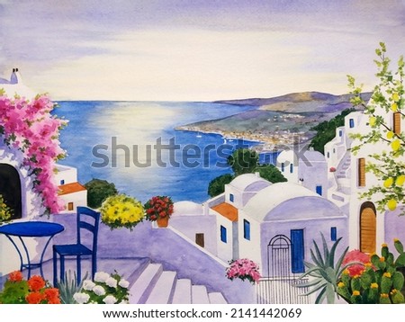 hand drawn watercolor painting of beautiful Santorini island. landscape painting with white building, house, blue ocean, terrace, trees, flowers, houseplants, stair, coast and sunny sky for print, etc