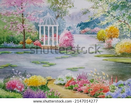 hand drawn watercolor painting of beautiful spring garden. landscape painting with water, pond, gazebo, path, blooming flowers, colorful plants,trees and bright sunny day for illustration, print, etc