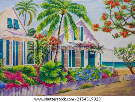 hand drawn watercolor painting of tropical beach house. landscape painting with building, beach, sea, blue water, sand, flamboyant, palm, coconut tree, flowers,fence and bright sunny day for print,etc Foto stock © 