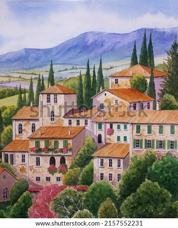 hand drawn watercolor painting of panoramic European village. landscape painting with buildings, house, brick wall, windows, roof, trees, mountain,hills, farm land and cloudy blue sky for print, etc