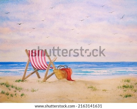 hand drawn watercolor painting of relaxing beach. seascape painting with stripes fabric chair, straw bag,sand,grass,beach,seashore,blue water,waves,summer sunset,birds and vanilla sky for print, etc