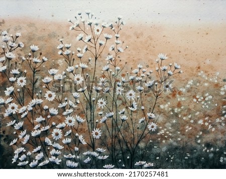 hand drawn watercolor painting of little wildflowers. landscape painting with blooming white petals,buds,stem, chamomile, plant silhouette,abstract background,meadow,flower field bushes for print,etc