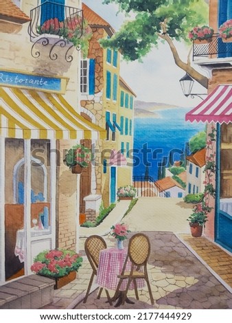 hand drawn watercolor painting of beautiful alley on the Italian Riviera. landscape painting with buildings, brick wall,stone walkways,cafe,bistro,window,plants,coastal town and sunny day for print