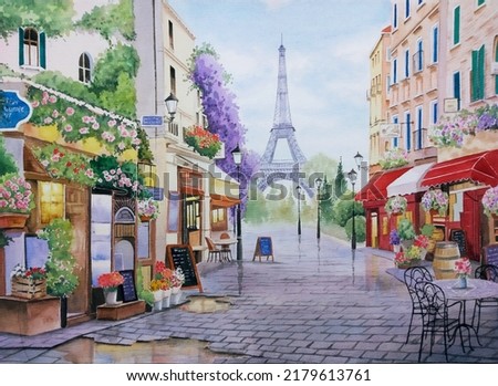 hand drawn watercolor painting of Paris city view. landmark painting with Eiffel tower, building,shop,cafe, restaurant, street, lamps, flowers, plants,paved walkways and bright blue sky for print,etc