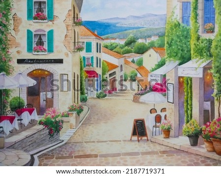 hand drawn watercolor painting of beautiful coastal street village. landscape painting with building, walkway,wall, window, cafe,tavern, plants, table and chairs,island,tree, house,blue sea for print 