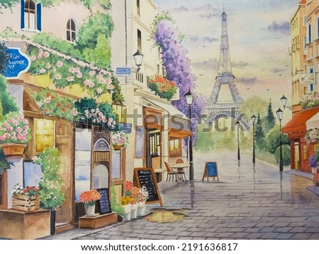 hand drawn watercolor painting of romantic Paris. cityscape painting with buildings, Eiffel tower,street, cafe, restaurant, flower shop, lamps, plants, paved walkway and sunset sky for print, etc 