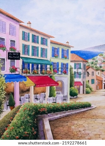 hand drawn watercolor painting of coastal town view. landscape painting with buildings,restaurant,cafe,street,stone walkway,colorful wall,canopy,hedgerow,sea,house,blue sky, table and chairs for print
