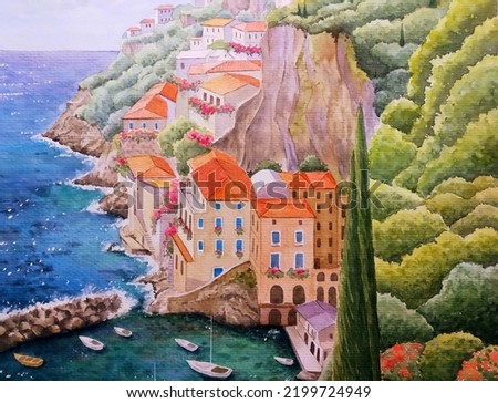 hand drawn watercolor painting of Italian seaside village painting. landscape painting with buildings, house,roof,rock,cliff,blue water, boats,pier, trees and sunny day for print, etc 