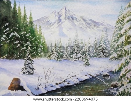 hand drawn watercolor painting of beautiful snowy mountain. landscape painting with mountain and land covered in snow, pine trees, forest, river, stones, fallen branches and blue sky for print, etc 