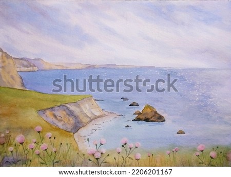 hand drawn watercolor painting of beautiful coastal cliff. seascape painting with beach, shore, cliff, grass field, wildflowers, meadow, rocks, sparkling sea, blue water and sunny blue sky for print 