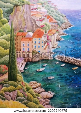 hand drawn watercolor painting of Italian fishing village scenery. seascape painting with scenic coastal, buildings,house,boats, clear water, trees, sea, rocks, cliff and sunny sky for print, etc 
