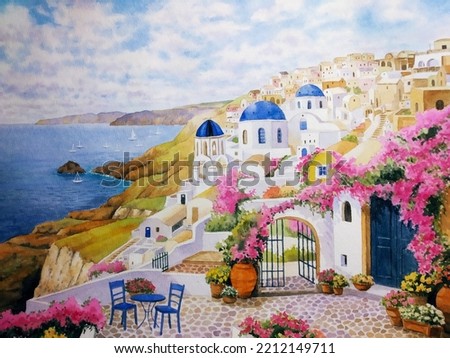 hand drawn watercolor painting of beautiful view of Santorini. landscape painting with Aegean sea, blue water, Greek island, boats, cliff, building, resort, terrace, bougainvillea and bright blue sky
