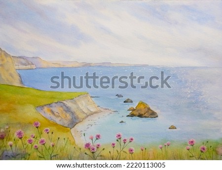 hand drawn watercolor painting of beautiful bay. seascape painting with beach, coastline,blue water, sparkling sea, rocks, sand, cliff, island, grass field, wildflowers and sunny bright sky 