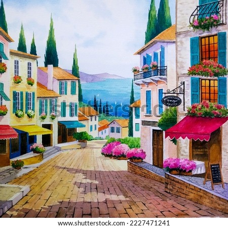hand drawn watercolor painting of Mediterranean village painting. landmark painting with buildings, cafe, restaurant, flowers, windows, street, cypress trees, blue water, coastal view and sunny sky