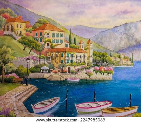 hand drawn watercolor painting of beautiful evening view on the lake. landscape painting with blue water, buildings, house, villa, hotel,trees,flowers,garden,boats,pier,hills and colorful sunset sky