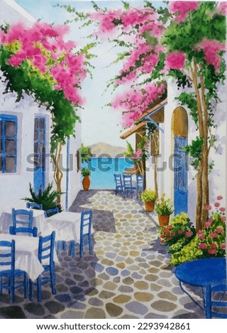 hand drawn watercolor painting of Greek alleyway restaurant. Landmark painting with buildings,cafe,restaurant,white wall,blue table and chairs,island,sea,bougainvillea flowers,stone walkway, sunny sky