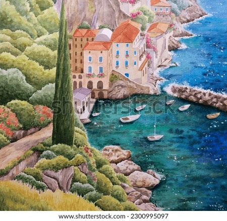 hand drawn watercolor painting of Italian seaside village scenery. seascape painting with buildings, house, plants, trees, blue water, sea, rocks, cliff, boats and beautiful coastal view.