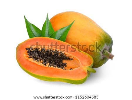 whole and half ripe papaya with green leaves isolated on white background 商業照片 © 